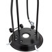 A black metal Backyard Pro patio heater base with wheels and black hoses.