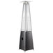 A black and silver Backyard Pro portable patio heater with a square base and glass tube.
