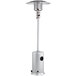 A silver Backyard Pro portable patio heater with a round metal base.