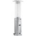 A white and silver Backyard Pro round patio heater with a glass tube.