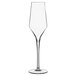 A Luigi Bormioli Supremo champagne flute with a long stem and clear glass.