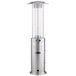 A stainless steel Backyard Pro round patio heater with a glass tube top.