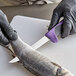 A person in gloves using a Dexter-Russell narrow boning knife to cut a fish.