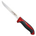 A Dexter-Russell narrow boning knife with a black handle and red accents.