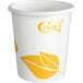 A white EcoChoice paper hot cup with yellow leaf print.