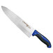 A Dexter-Russell chef knife with a blue handle and black blade.