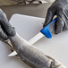 A person in a glove cutting a fish on a cutting board with a Dexter-Russell narrow boning knife with a blue handle.