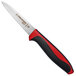 A Dexter-Russell paring knife with a black handle and red accents.