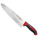 A Dexter-Russell chef knife with a red handle.