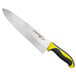 A Dexter-Russell chef knife with a yellow handle and black blade.