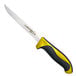 A Dexter-Russell narrow boning knife with a yellow handle.