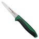 A Dexter-Russell paring knife with a green handle.