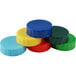 A pack of assorted plastic FIFO bottle caps in blue, green, and yellow.