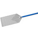 A blue and silver anodized aluminum rectangular perforated pizza peel with a long handle.