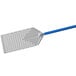 A blue and silver anodized aluminum rectangular pizza peel with a long handle.