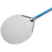 A silver and blue GI Metal Azzurra round pizza peel with a blue handle.