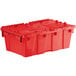 A red plastic Orbis Stack-N-Nest Flipak tote box with hinged lid.