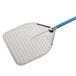 A silver and blue GI Metal pizza peel with a square perforated blade.