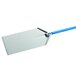 A blue anodized aluminum rectangular pizza peel with a handle.