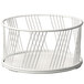 A white metal wire basket with a metal handle.
