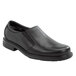 A pair of men's black Rockport slip-on shoes with a rubber sole.