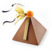 A chocolate pyramid with a physalis on top in a Silikomart silicone baking mold.