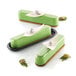 Three green desserts made with Silikomart Fashion Eclair molds on a white background.