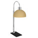 An Eastern Tabletop bronze stainless steel freestanding heat lamp with a single arm and umbrella.