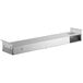 A stainless steel rectangular strip warmer with a silver rectangular object on it and a black knob.