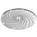 A circular stainless steel grater plate with holes in it.