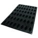 A black silicone baking mold tray with 48 quenelle-shaped cavities.