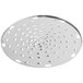 A stainless steel circular shredder plate with holes.