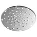 A stainless steel circular shredder plate with holes.