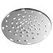 A circular stainless steel shredder plate with holes.