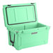 A CaterGator seafoam green cooler with a lid open.
