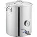 A Backyard Pro stainless steel brewing pot with a thermometer and valve.