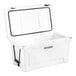 A white CaterGator outdoor cooler with the lid on.