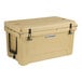 A tan CaterGator outdoor cooler with black handles and wheels.