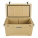 A tan CaterGator outdoor cooler with a lid open and black handles.
