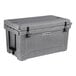 A gray CaterGator outdoor cooler with black handles and wheels.