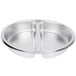 A stainless steel Vollrath round food pan with two compartments.
