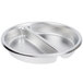 A Vollrath stainless steel round food pan with two compartments.