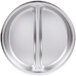 A silver stainless steel round food pan with two sections.
