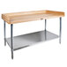 A John Boos wood top table with a stainless steel base and adjustable undershelf.
