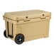 A beige CaterGator outdoor cooler with black wheels.