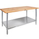 A John Boos wood top work table with a galvanized base and metal shelves.