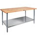 A wooden John Boos work table with a galvanized metal base and adjustable metal undershelf.