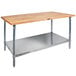 A John Boos wood top work table with a stainless steel base and undershelf.