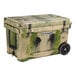 A green and tan CaterGator outdoor cooler with wheels and a lid.