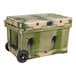 A green and tan CaterGator camouflage cooler with wheels.